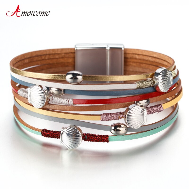 Amorcome boêmio concha de metal charme colorido pulseira de couro para mulheres moda boho multicamadas ampla wrap pulseira 2020 jóias