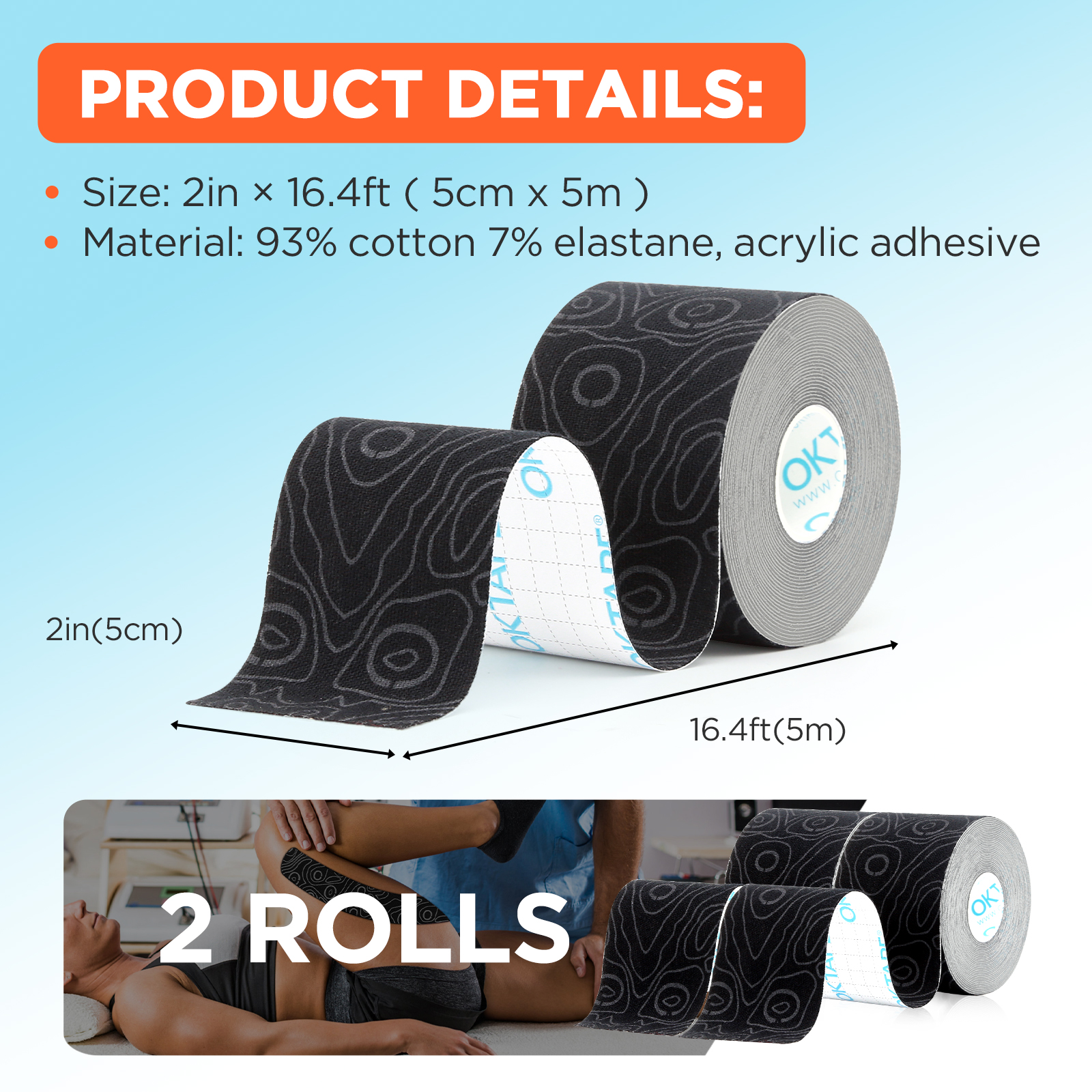 2 Rollen OK Band Profi Kinesiologie-Band, neue Verpackung, 5 cm x 16 Fuß, frei geschnittenes Klebeband, aktualisiertes elastisches Sportband, therapeutisches latexfrei