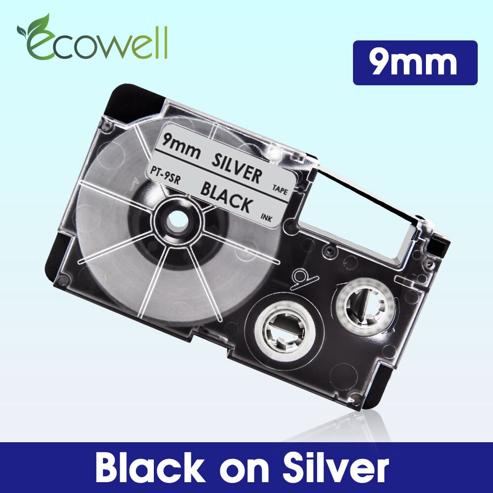 Ecowell XR-9WE XR-9X XR-9RD XR-9BU 9mm label For Casio XR-9YW XR-9GN XR-9GD label tape for Casio KL-60 KL-120 KL-100 Label Maker: Black on Silver