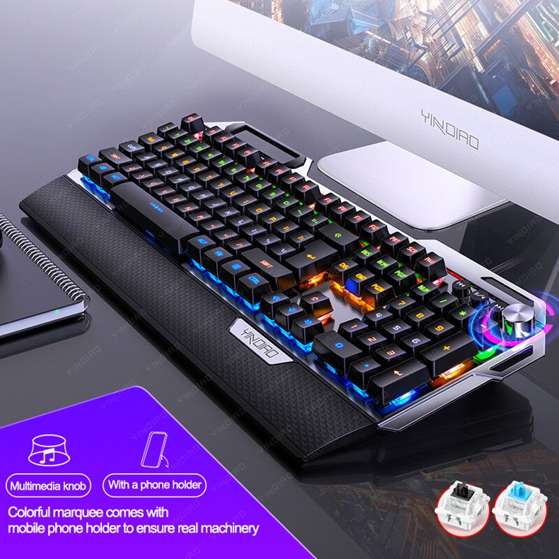 K100 Metal Real Mechanical Keyboard Gaming with Wrist Rest Knob Blue Axis USB Wired Backlit Running Lamp Keyboard for Gamer PC