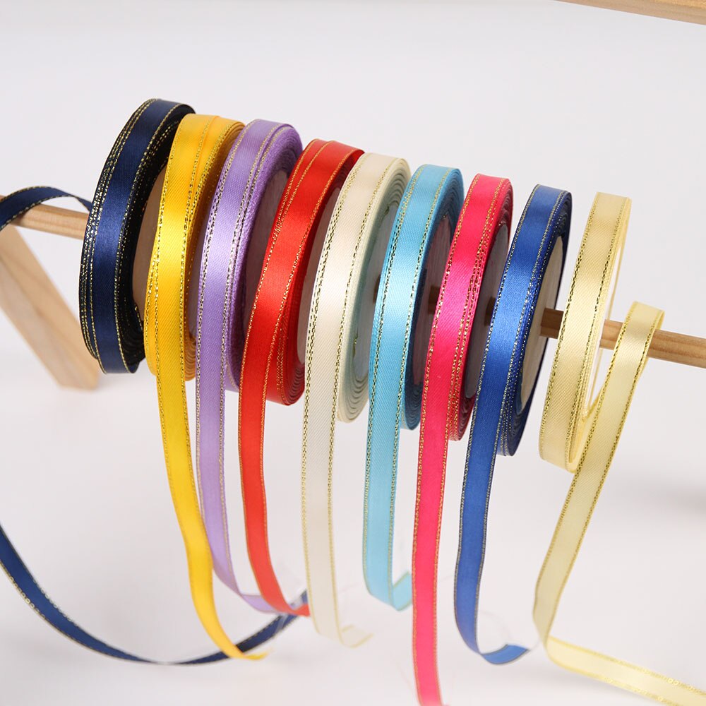 3/8" 10mm 25yards Gold Edges Satin Ribbon Wedding Happy Birthday Box Packaging Decorations DIY Craft Bow