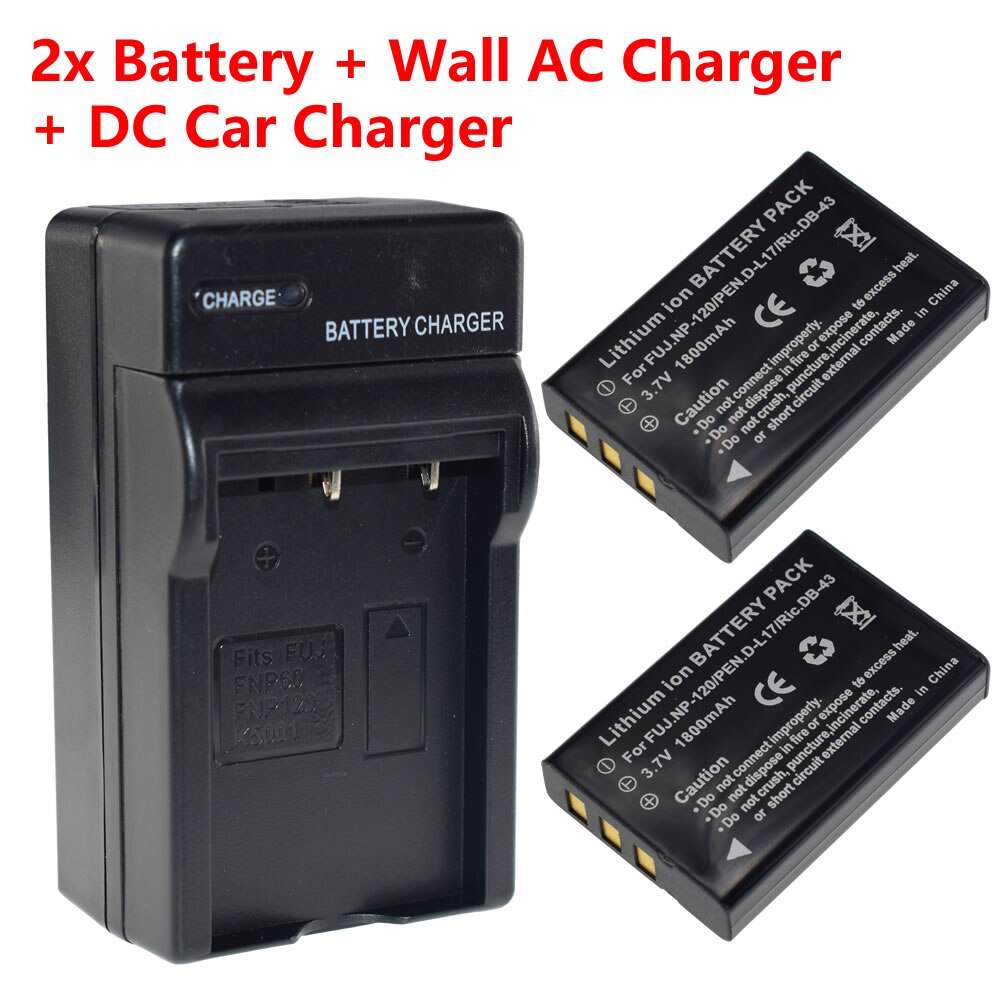 Batterie 2x NP-120 NP120 FNP120 DL17 D-Li7 DB-43 BP-1500s, chargeur mural AC, prise de voiture, pour Fuji Fujifilm F10 F11 M603 Zoom Pentax: 2 Battery