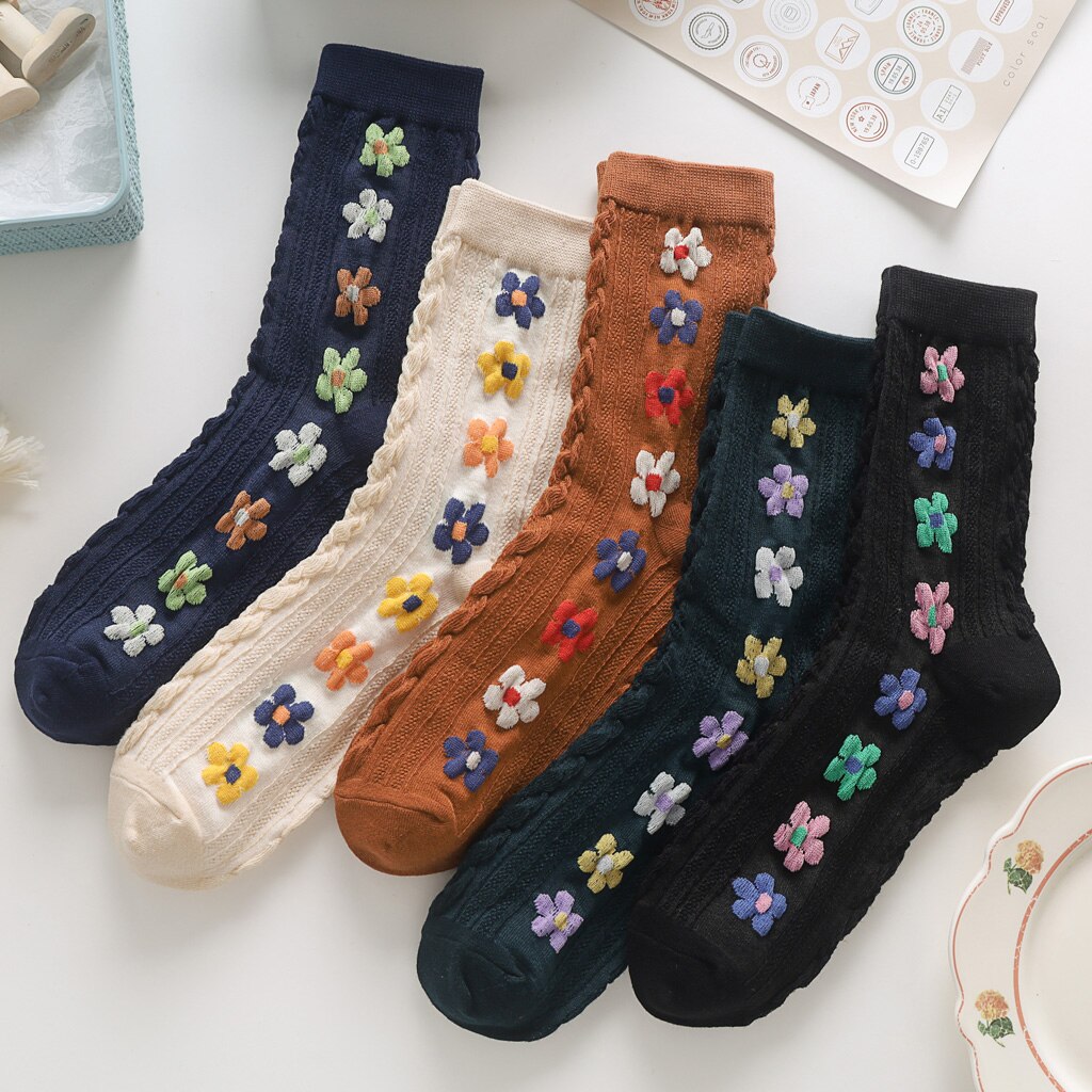 Women Autumn Winter Socks Ladies Knitting Flowers Happy Female Socks Casual Sox