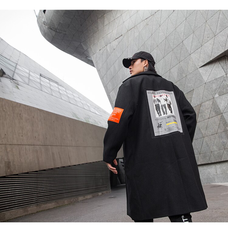 Punk rock Long woolen trench coat men Black Loose Autumn Winter