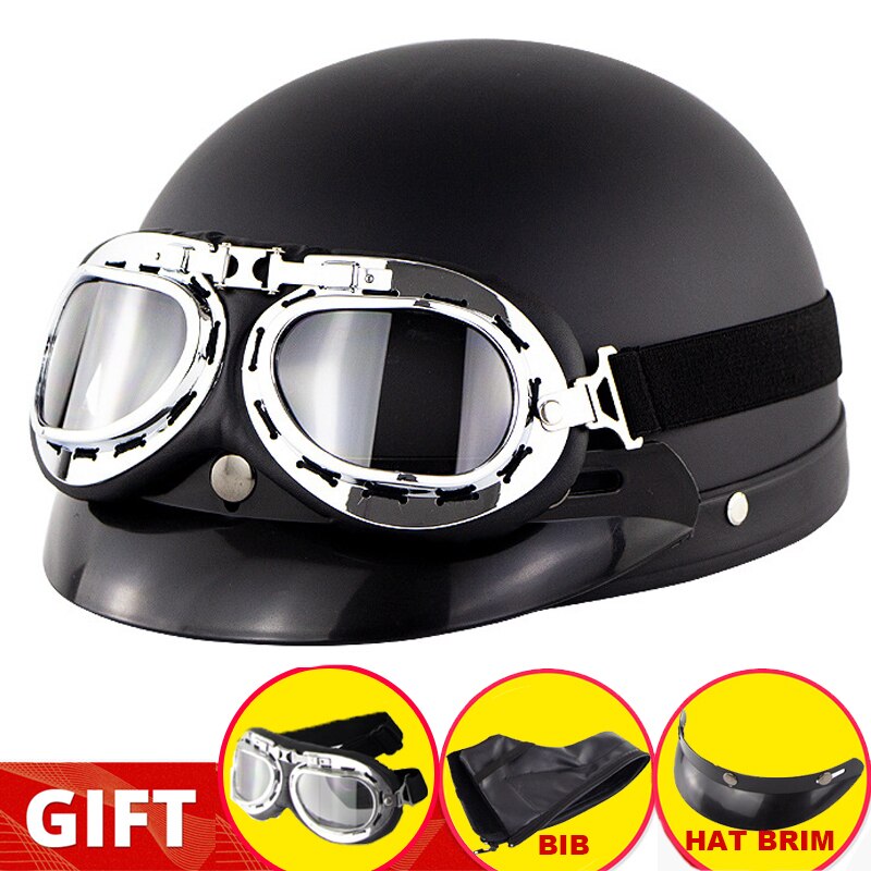 Retro Motorcycle Half Helmet Riding Vintage Cruiser Touring Half Helmets Moto Bicycle Scooter Skating Baseball Cap with Goggles: Dumb black