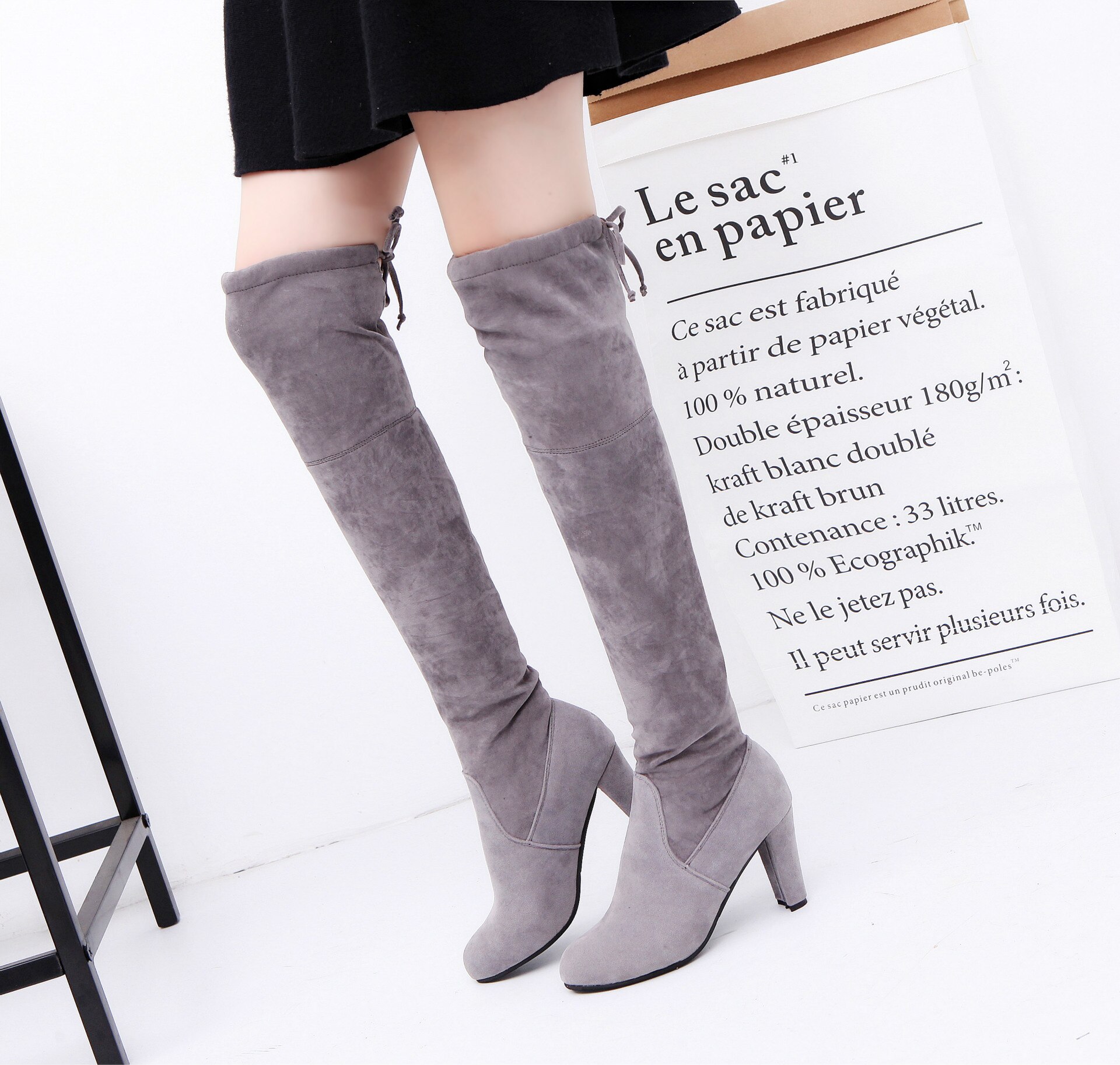 Nueva de gamuza Slim Sexy Botas de La hasta la rodilla de las mujeres de invierno de la de alta del muslo Botas zapatos de Mujer de Botas Mujer: Gris / 4