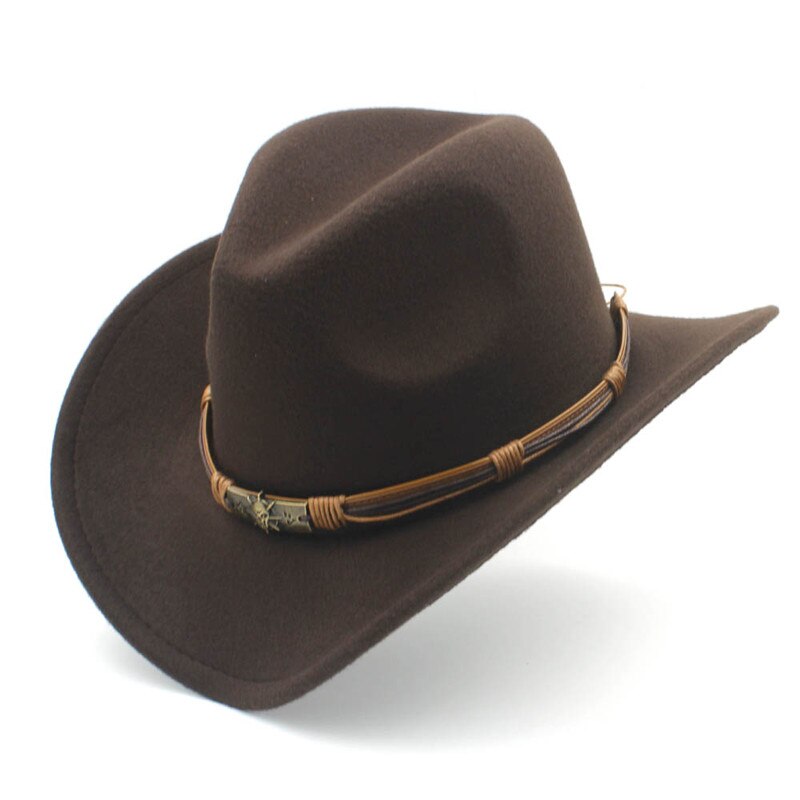 Mistdawn dame herre ull vestlig cowboyhatt herre dame cowgirl jazz sombrero lokk belte str 56-58cm: Mørkebrun