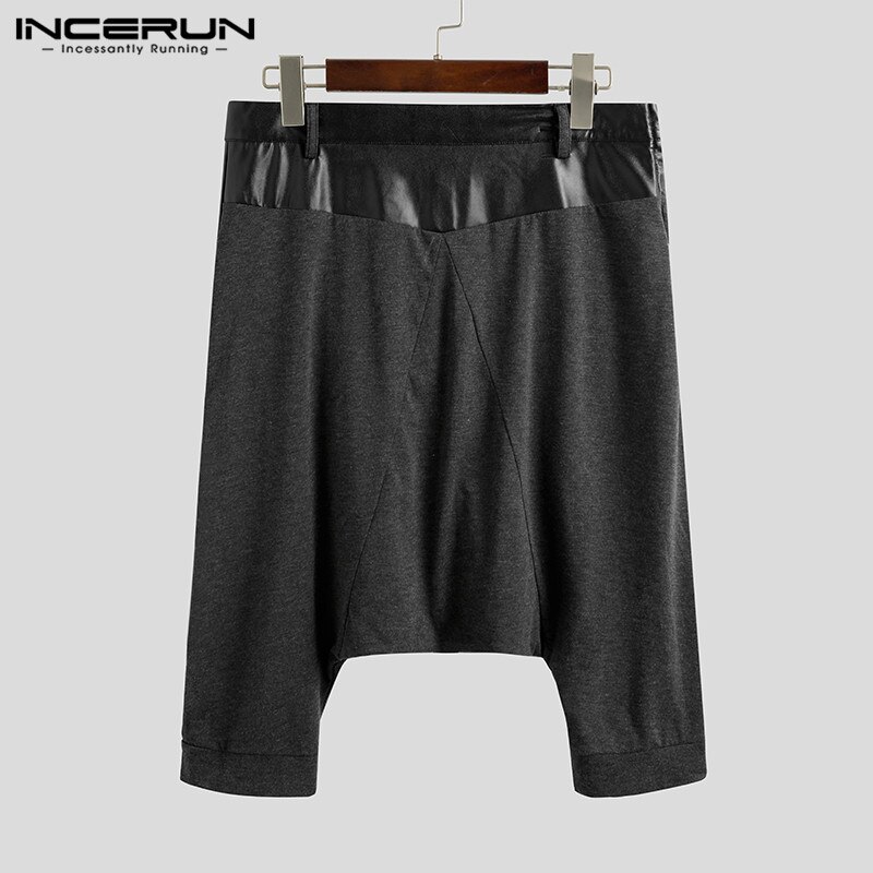 Modne spodnie haremki męskie Punk Zipper Patchwork skóra PU 2020 spadek krocza spodnie biegaczy Streetwear Pantalones Hombre INCERUN