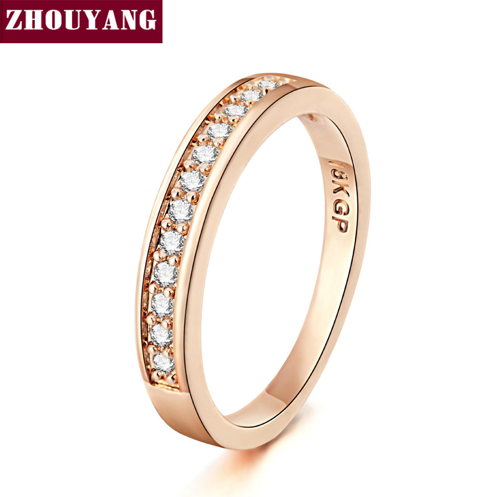 ZHOUYANG-Anillo de boda para mujer, Micro insertos clásicos de circonia cúbica, anillo de compromiso de boda, joyería de Color oro rosa R062: 8 / Blanco