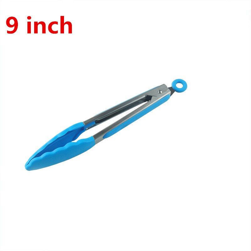 Keuken Tang Food Grade Dikke Siliconen Hoofd Roestvrij Staal Koken Tong Clamp Handvat Keukengereedschap Bbq Tool 9 Inch/8 Inch: Blue