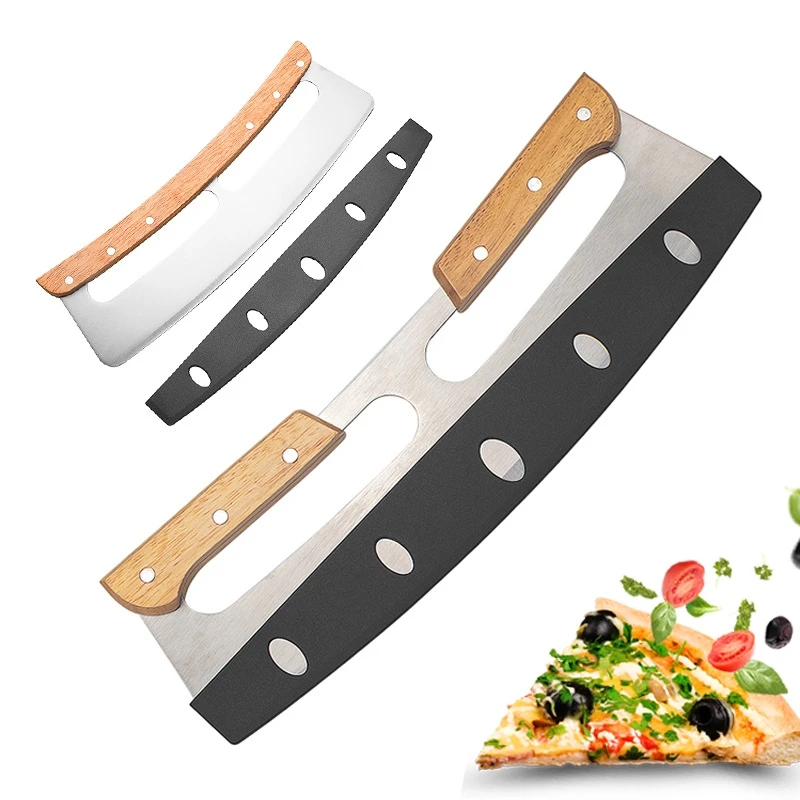 Pizzasnijder met houten handvat Gebogen mes Grote roestvrijstalen pizzasnijder Scherp rockermes Halfrond scheerapparaat Bakgereedschap