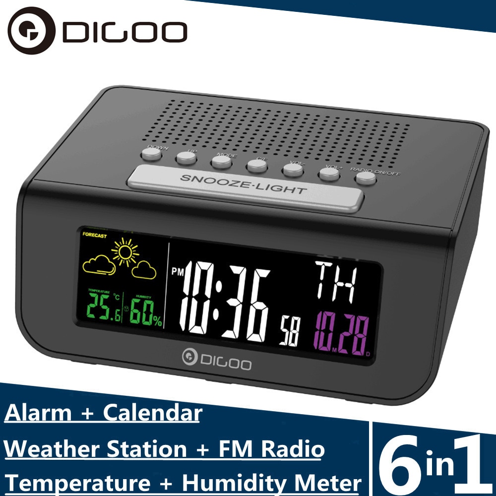Digoo DG-FR100 Color Wireless FM Radio Clock Digital Snooze Dual-Alarm Clock Weather Forecast Calendar Temperature Humidity