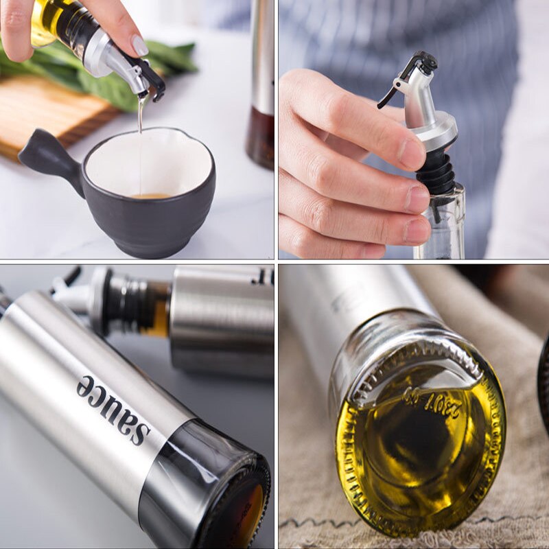 Kitchen Supplies Leakproof Stainless Steel Glass Oiler Spice Jar Soy Sauce Vinegar Cooking Wine Organizer Rack Liquid Container