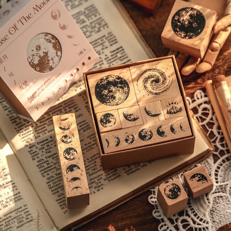 Sello de decoración de Luna Vintage, sellos de goma montados en madera para álbum de recortes, papelería, sello estándar, 7 Uds.