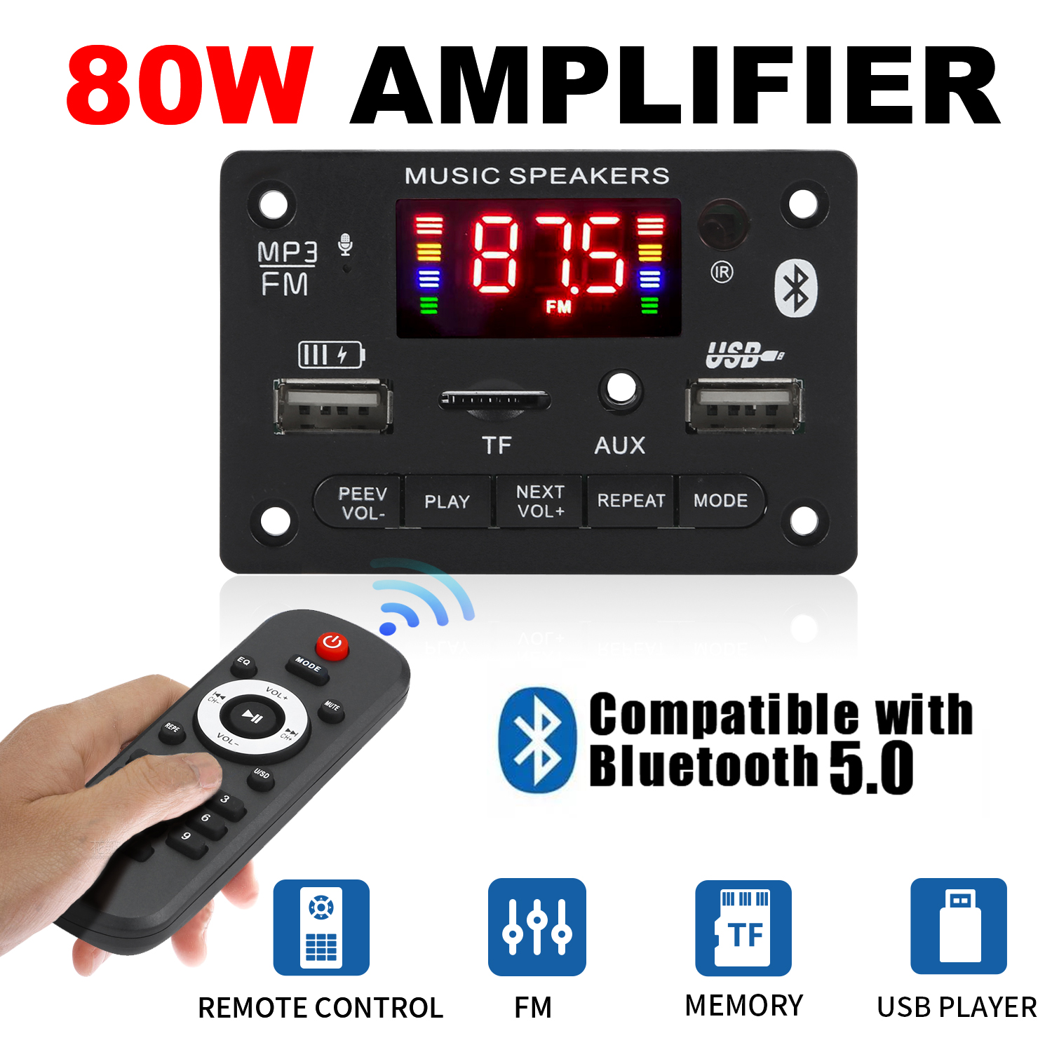 Bluetooth 5,0 MP3 Decoder Board 2*40W 80W Verstärker Audio Player 12V DIY MP3 Player auto FM Radio Modul TF USB Mic Rekord Anruf