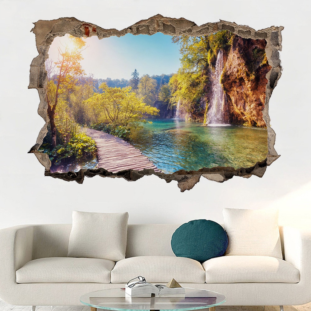 Pegatinas de puerta de paisaje Natural de montaña, pared rota 3D, Mural de vinilo, papel pintado con paisaje