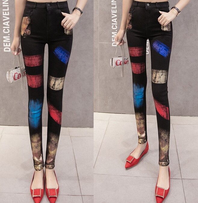 Gold-stamped jeans, summer dress, colour stripes, graffiti trousers, tight elastic straight pants