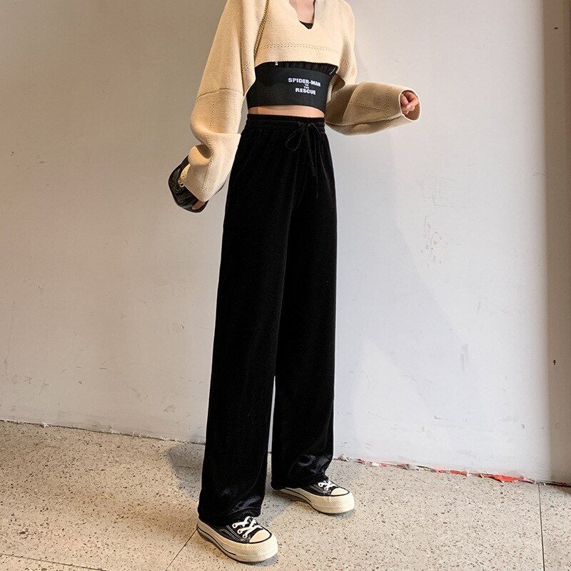 Donne Eleganti Nero Pantaloni Del Merletto Up Elastico In Vita Streetwear 2020 Autunno Inverno Casual Pieno Lunghezza Pantaloni di velluto Oro Pantalones