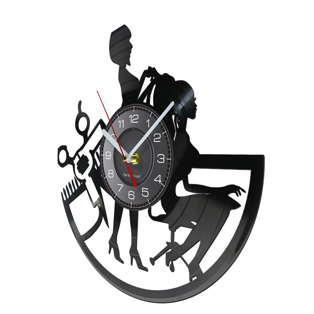 Beauty Salon Wall Clock Made Of Real Vinyl Record Hairdressing Tools Lady Haircut Center LED Wall Watch For Hair Salon Company