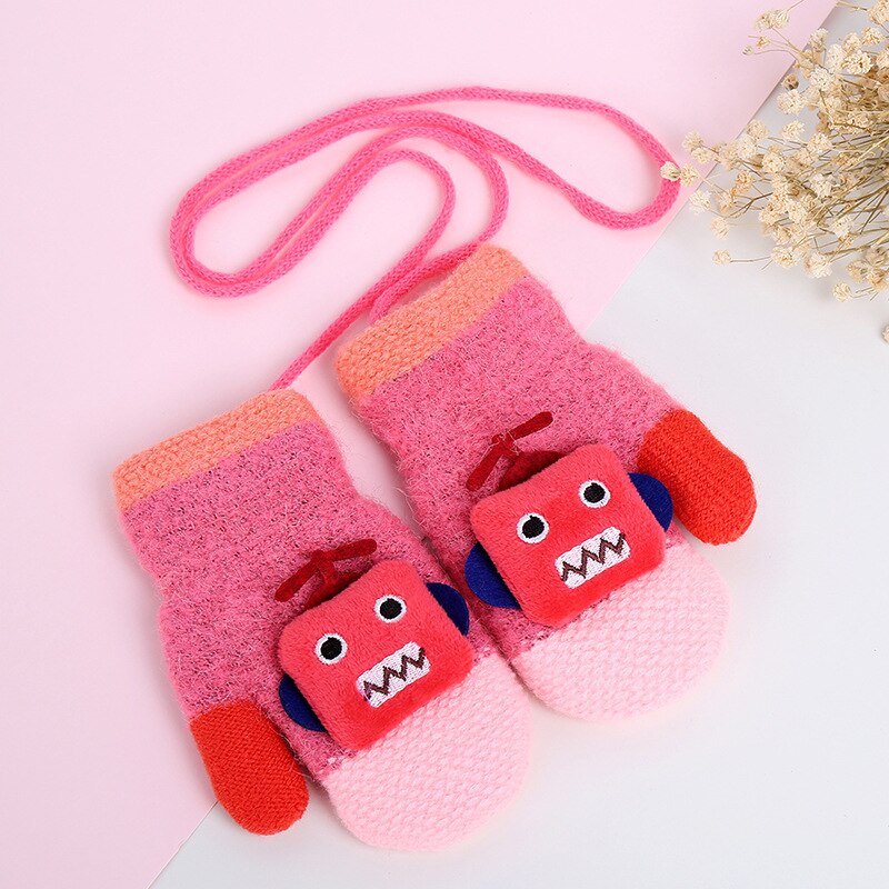 Wecute-gants en laine pour bébé | Mignons gants Robot de dessin animé, Plus gants de doigts à corde épaisse, gants chauds tricotés pour enfants garçons et filles: Rose Red