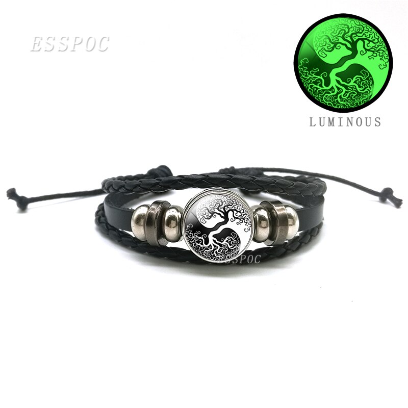 Mode Mannen Yin Yang Kat Lichtgevende Glazen Cabochon Drukknoop Armband Glow in Dark Yin Yang Zwart Lederen Armband: As show 5