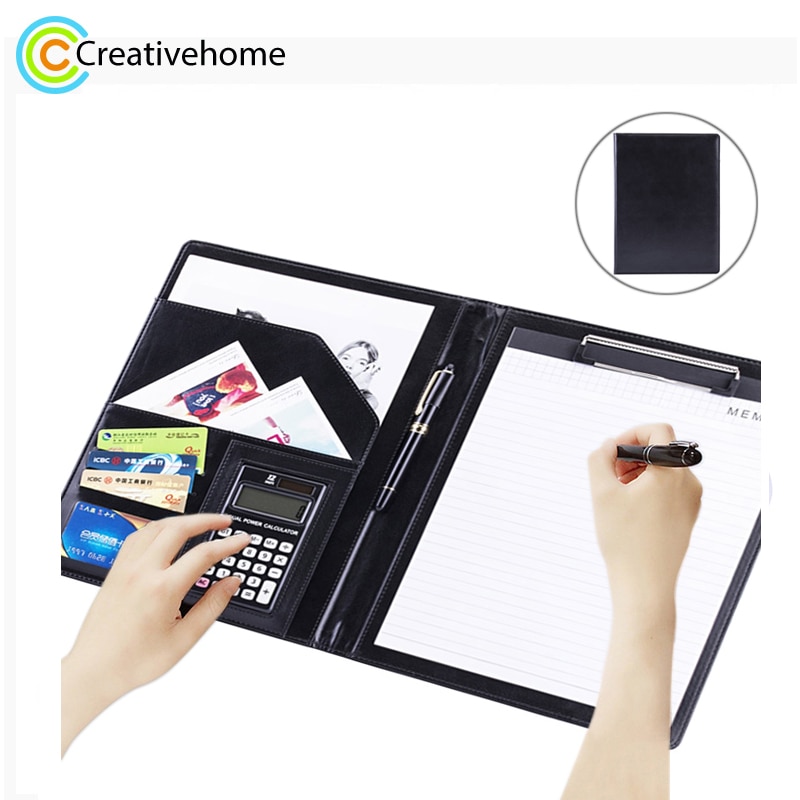 Office Supplies Business Style Leather Document Folder with 30-pages A4 Note Pad &amp; Calculator