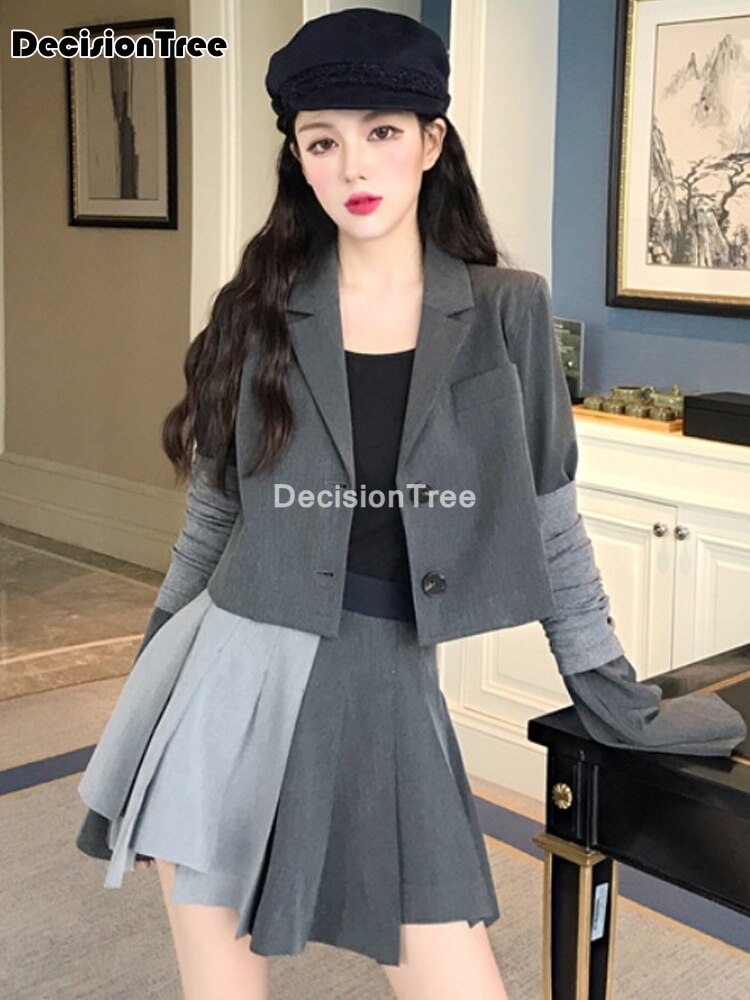 2022 japanese school uniform suit patchwork pleated dress student grey sull sleeve suit coat women jk uniforms set short skirtsl