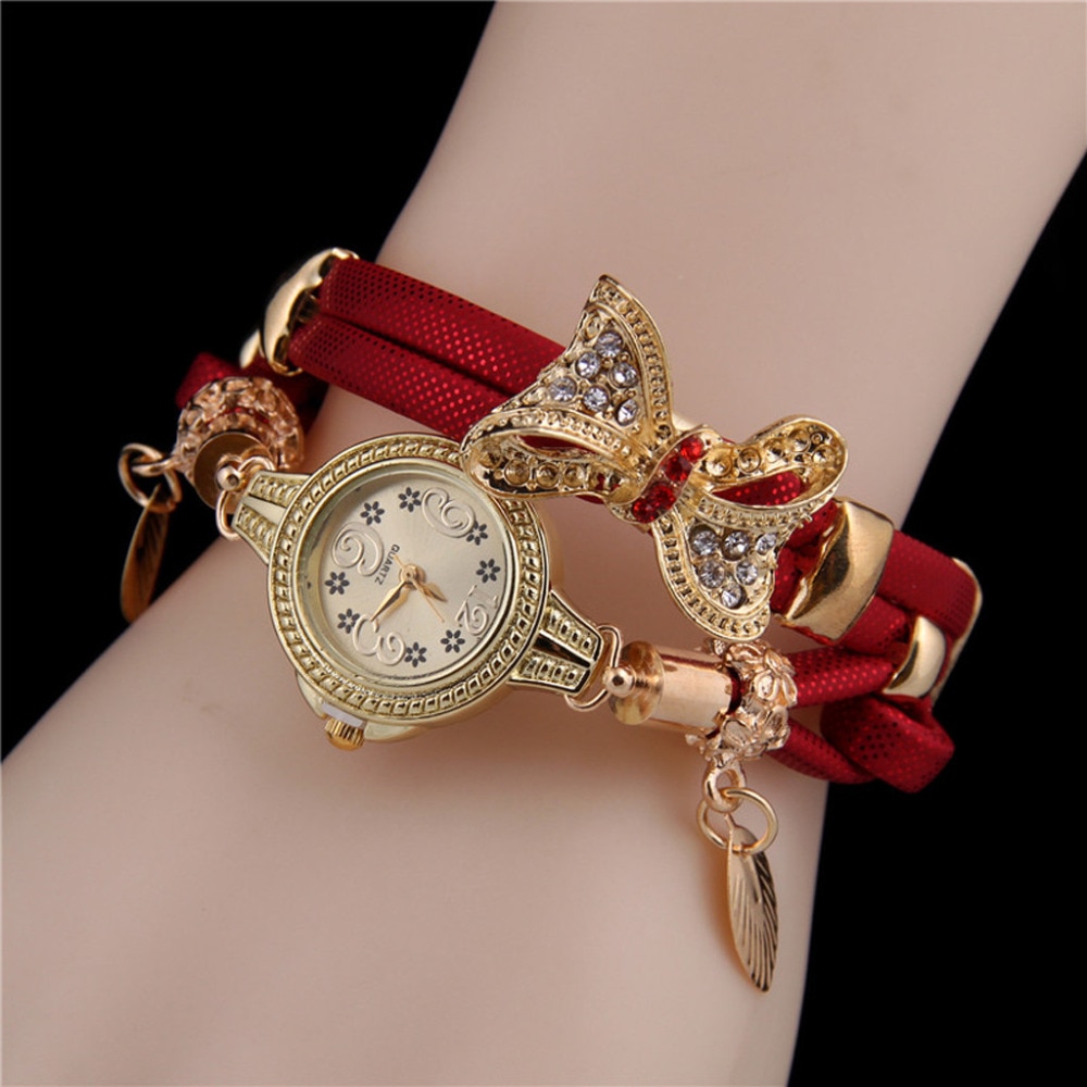 Dames Horloge Creatieve Vlinder Retro Rhinestone Armband Horloges Mooie Bruiloft Quartz Horloges Lederen Vrouwen Horloge Klok # B