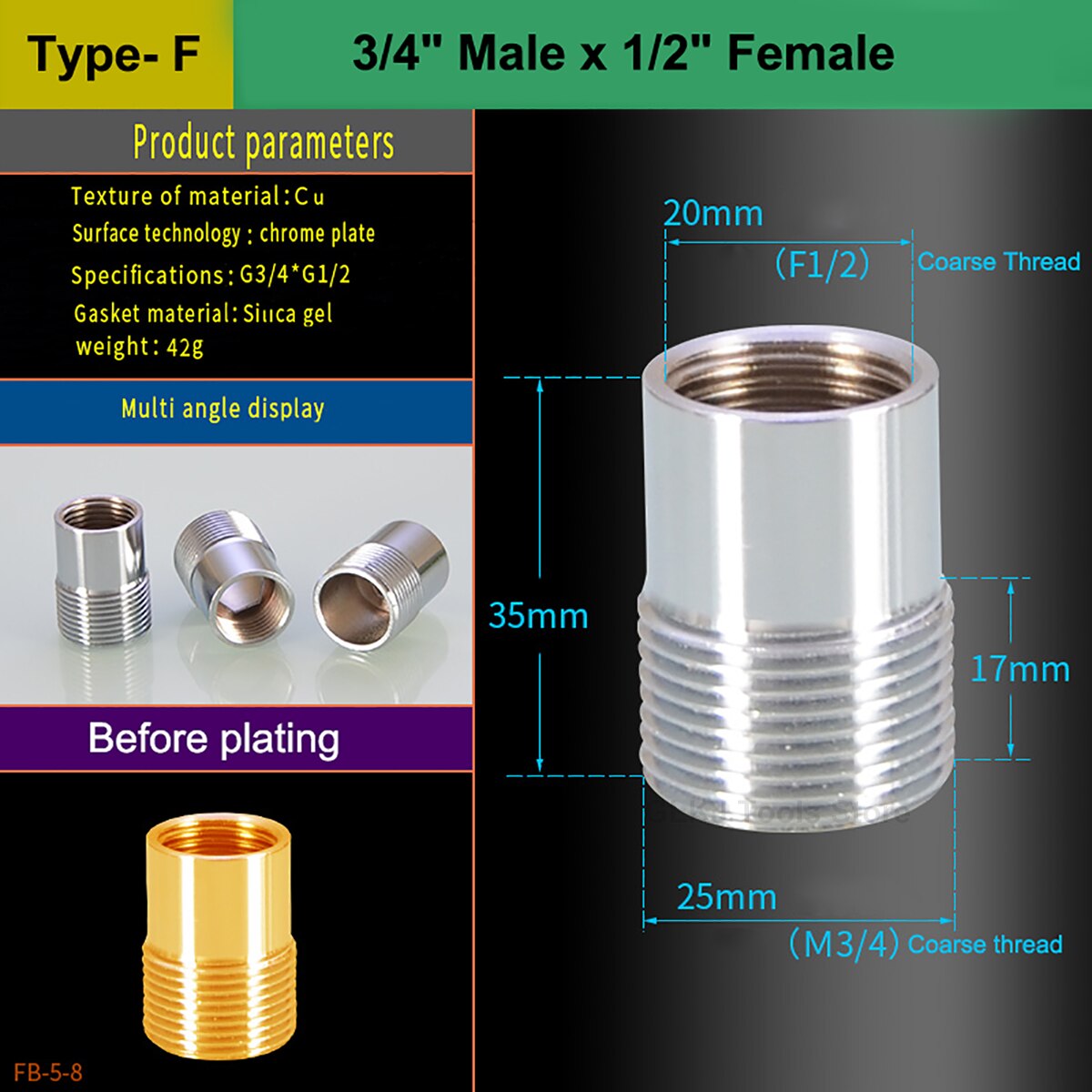 1/2" 3/4" Male Female Thread Nickel Plated Brass Faucet Tap Adapters Kitchen Bathroom Brass Water Tape Joint: Type - F