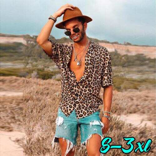 Men's Leopard Buttoned Shirt Summer Short Sleeve Plus size Casual Shirts