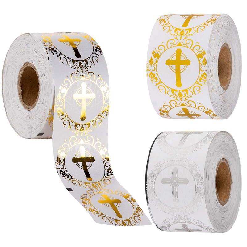 Religieuze Christian Cross Stickers Goud of Zilver Folie Ronde Etiketten voor Doop Communie Christian Gelegenheden Afdichting