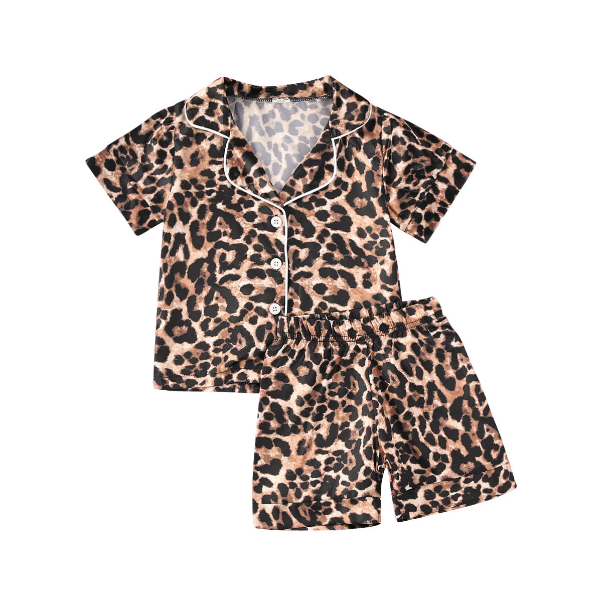 Little Kids 2 Stuks Pyjama Set Leopard Patroon Korte/Lange Mouwen Button-Down Kraag Top Korte/Lange elastische Band Broek Sleepwears