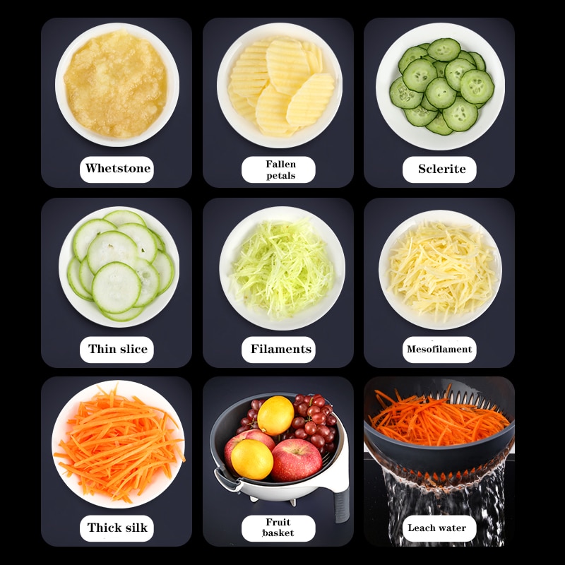 Magie Multifunktionale Drehen Gemüse Cutter Mit Ablauf Korb Küche Veggie Frucht Schredder Reibe Schneidemaschine