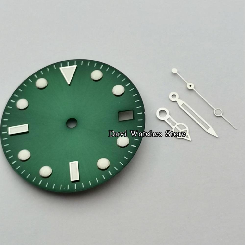 Esfera de reloj estéril de 28,5mm + manecillas de reloj plateadas compatibles con movimiento NH35, accesorios de reloj