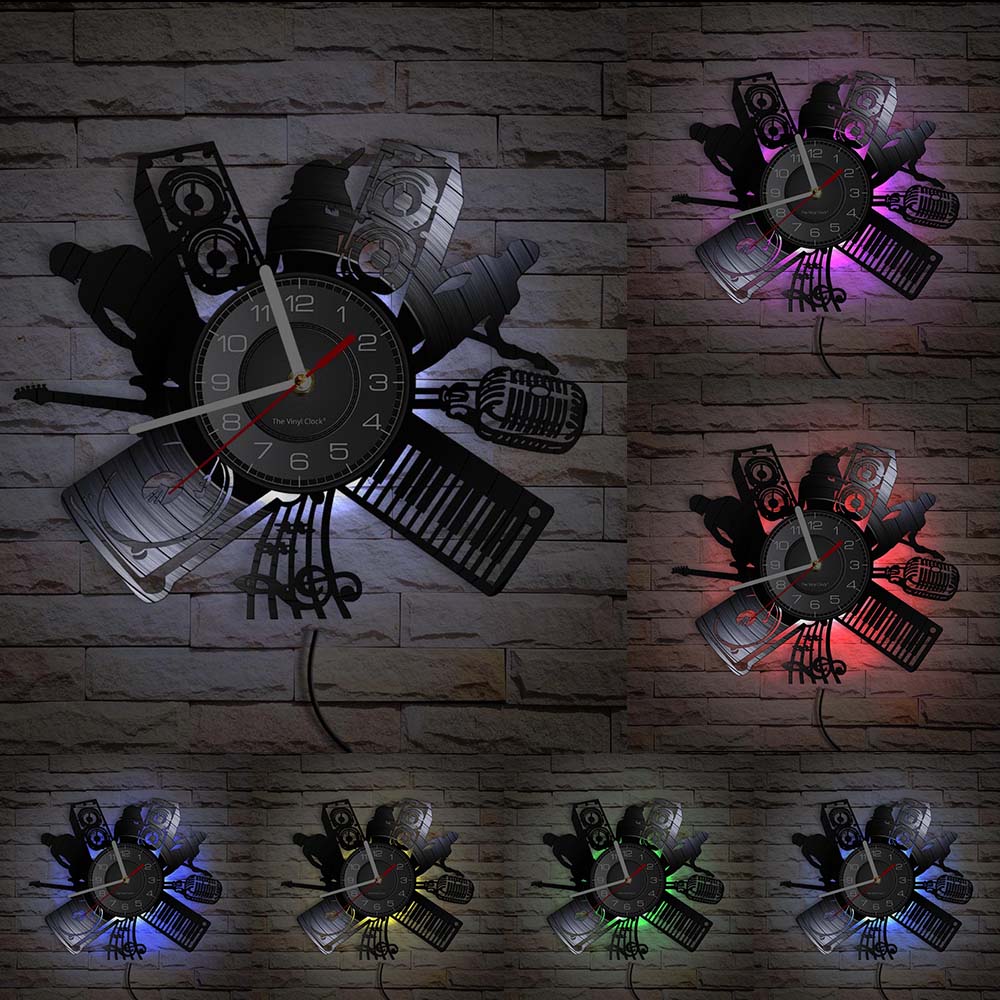 vinyl musikk tallerken veggklokke mikrofon dj musikk bånd melodi sanger stein bånd jazz bånd musikk instrumenter årgang klokke klokke: Med ledet