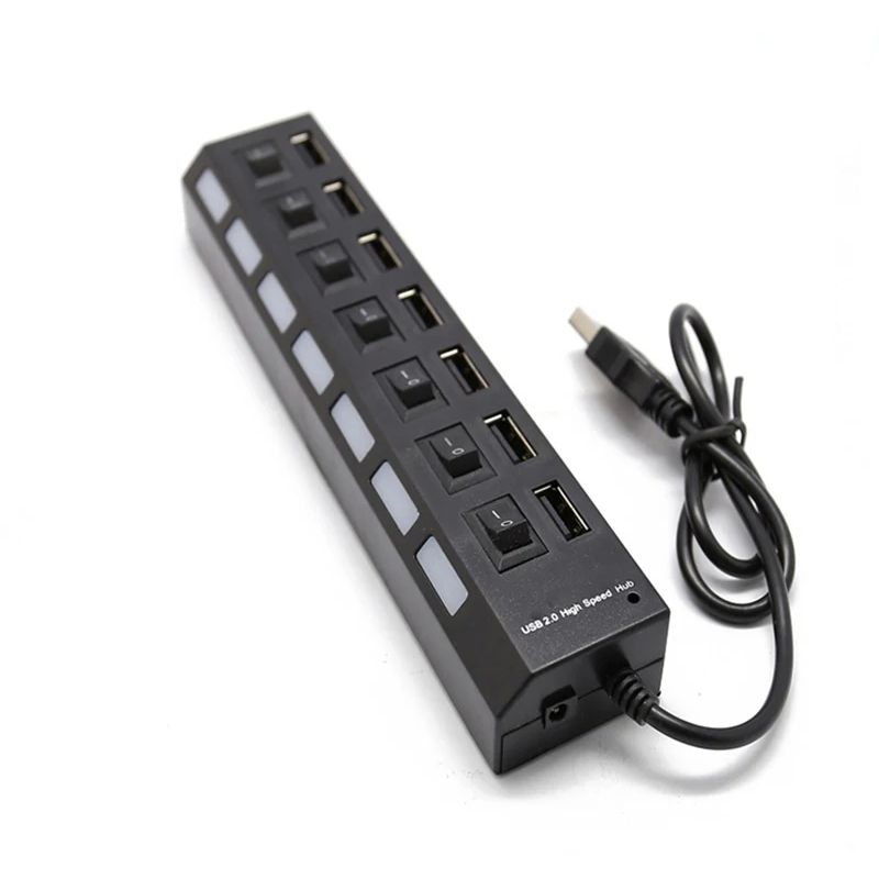 USB Hub 2.0 Splitter,7 Port USB Data Hub with Individual On/Off Switches and Lights for Laptop, PC, Computer, Black, White