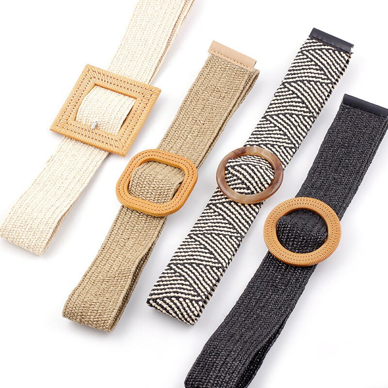 Wax Rope Straw Square Buckle Waist Belt Elastic Braided Knitted Belt Skirt Belt Woman Vintage Knitted Woven Waist Belt
