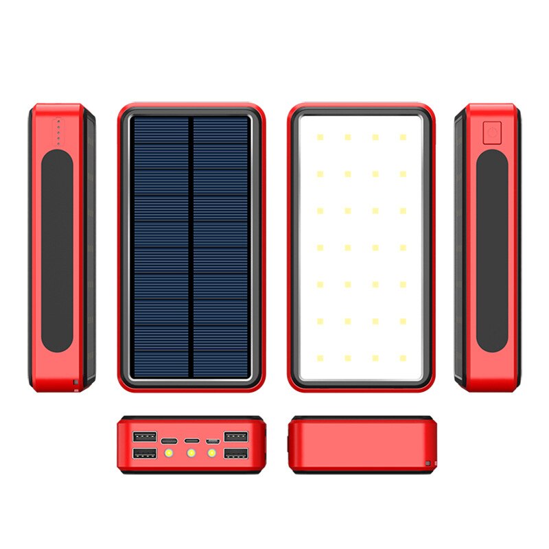 80000mAh Power Bank Solar Wireless Portable Phone Fast Charging External Charger 4 USB PoverBank LED Light for Iphone Xiaomi Mi: Light Red