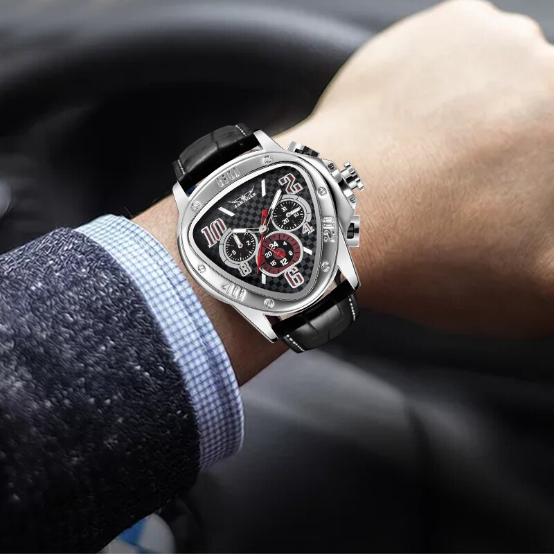 Jaragar-reloj mecánico automático para hombre, cronógrafo con correa de cuero, esfera triangular única, deportivo, Masculino