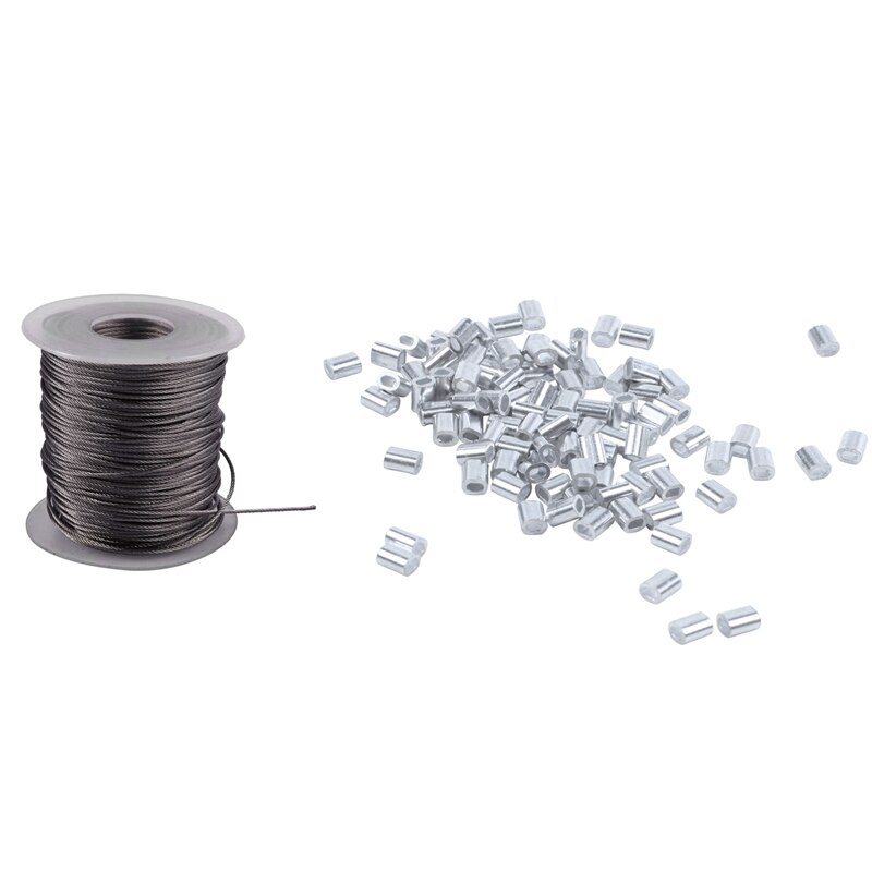 100 stk 1mm stålwirer aluminiumshylster ærmer sølv tone & 1x hejseløft 7 x 7 1mm dia rustfrit stål fleksibel wire