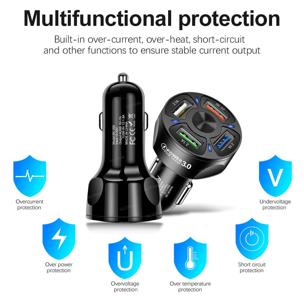 Car Charger Quick Charger 12V-32V 3A QC3.0 4 USB Fast Auto Charger Stable Current Output LED Light Mobile Phone Charger