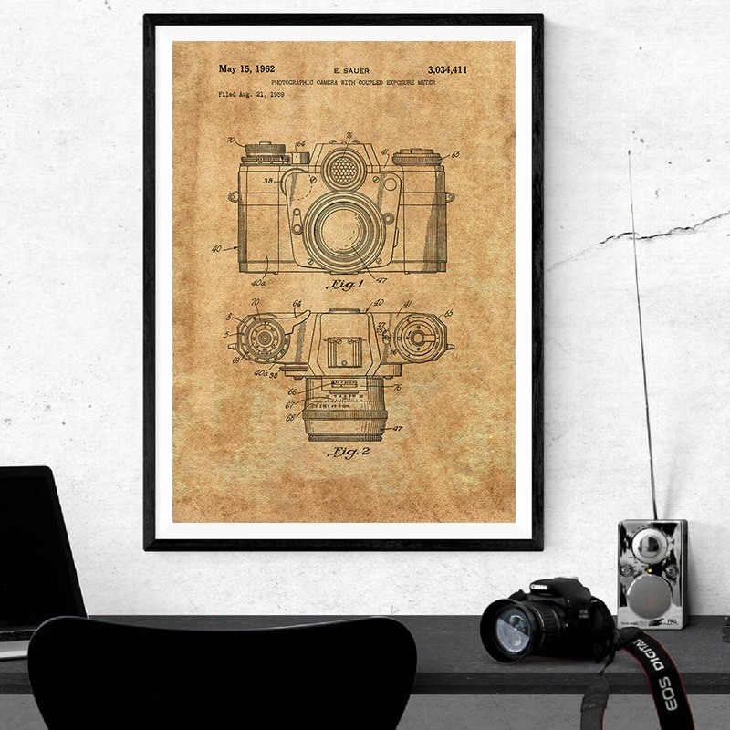 Vintage Camera Patent Poster Wall Art Print, Antieke Camera Canvas Schilderij Retro Blauwdruk Muur Foto Fotografie Decoratie