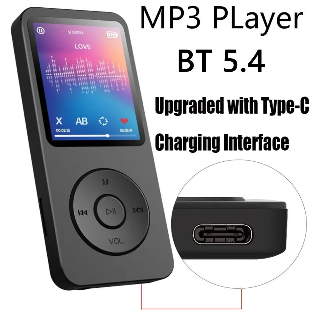 Tragbarer MP3-Player, 1,8 Zoll, Walkmen Typ C, Bluetooth 5.4, kompatibel mit E-Books, Aufnahme von Sport, MP4, FM-Radio, Musik-Player: Default Title