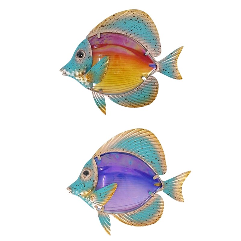 1 Set of 2 Metal Fish Wall Art for Home and Garden Decoration Outdoor Animales Jardin with Colour Statues Sculptures