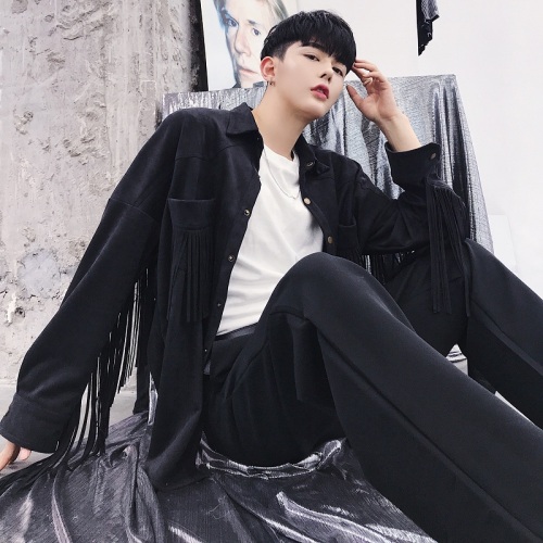 Chemise à franges pour hommes, style Hip Hop, gothique, Streetwear, Punk, personnalité, scène, boîte de nuit, chanteur, noir, kaki: 2 / M