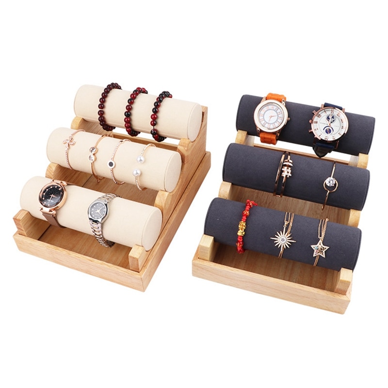 Drewniany stojak na bransoletki i zegarki z 3 poziomami, ekspozytor na biżuterię, organizer na naszyjniki i bransoletki