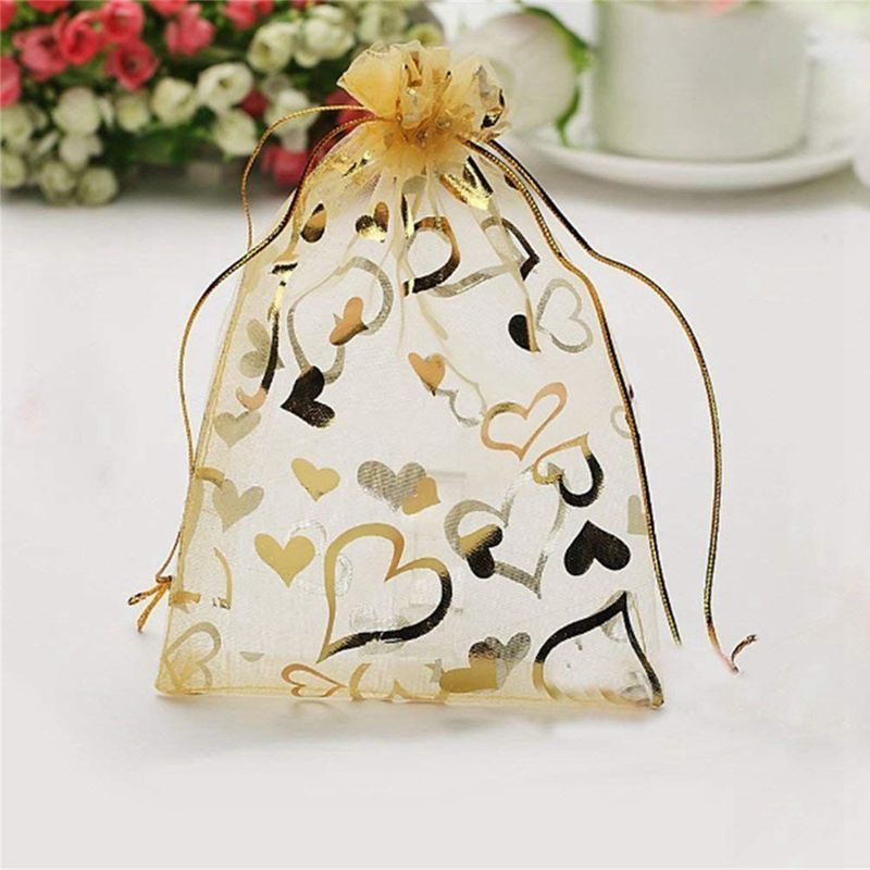 100Pcs 9X12 Cm Sheer Trekkoord Hart Organza Sieraden Pouches Wedding Party Kerst Favor Bags (Goud)