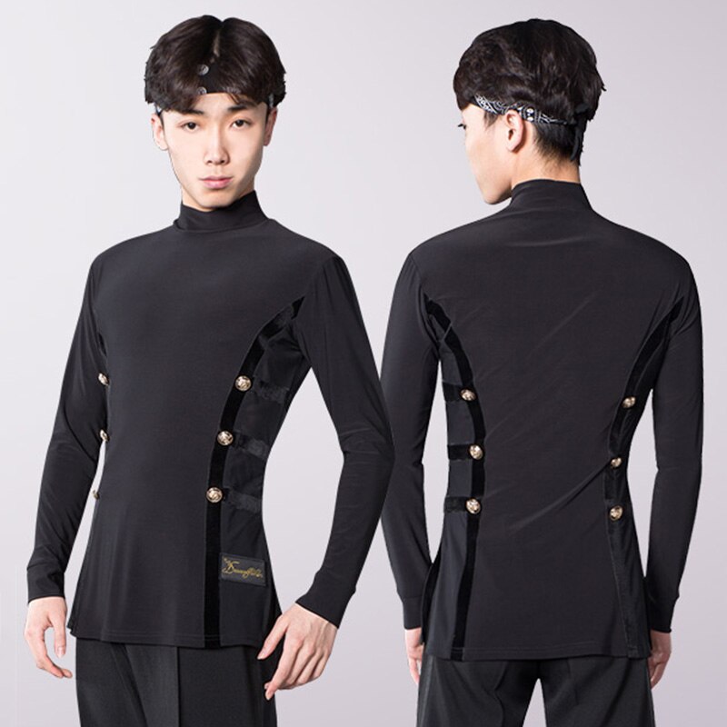 Latin Dance Shirts Men Black Long Sleeve High Collar Competition Performance Top Male Cha Cha Rumba Tango Samba Clothes DNV11737