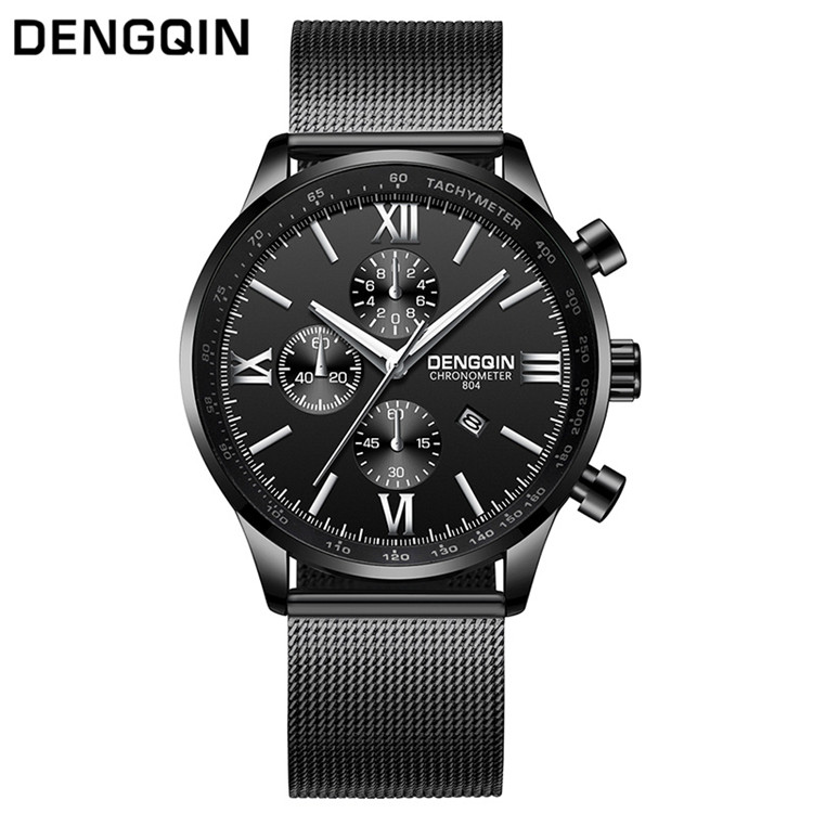 DENGQIN Quarzuhr Männer Edelstahl S Uhren oben Luxus Männlichen Uhr Geschäft Herren Armbanduhr Relogio Masculino: Gittergewebe Schwarz