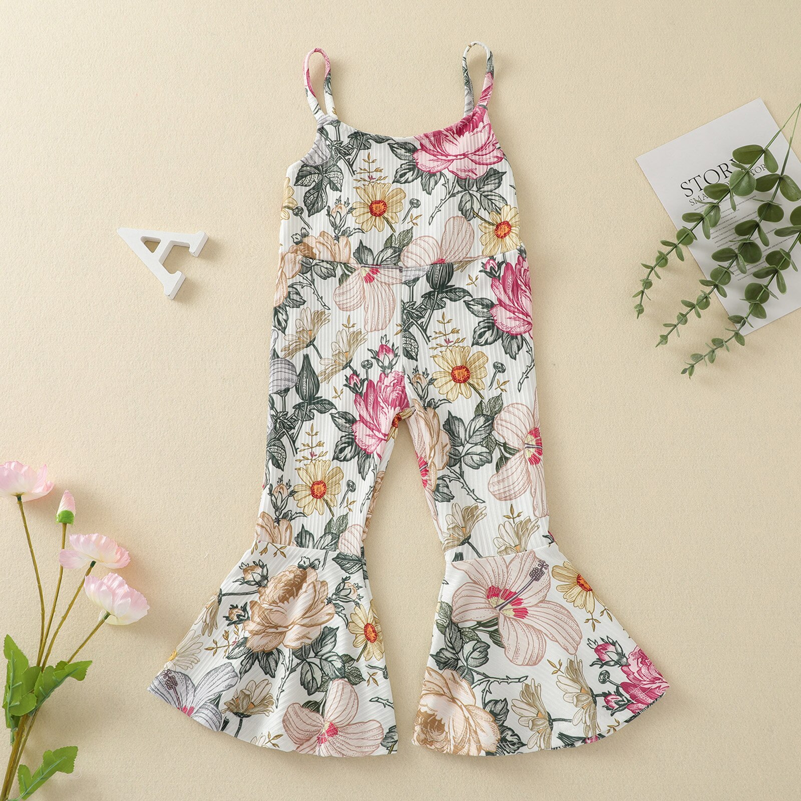 1-5Years Meisjes Jarretel Jumpsuit, Zomer Peuters Bloemen/Cherry Printing Mouwloze Bell Bodem Siamese Broek